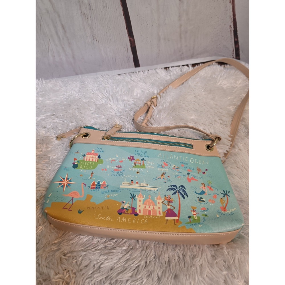 Spartina 449 Greetings from the Caribbean Sea Map Crossbody Bag Blue Tan Multi - Picture 4 of 11